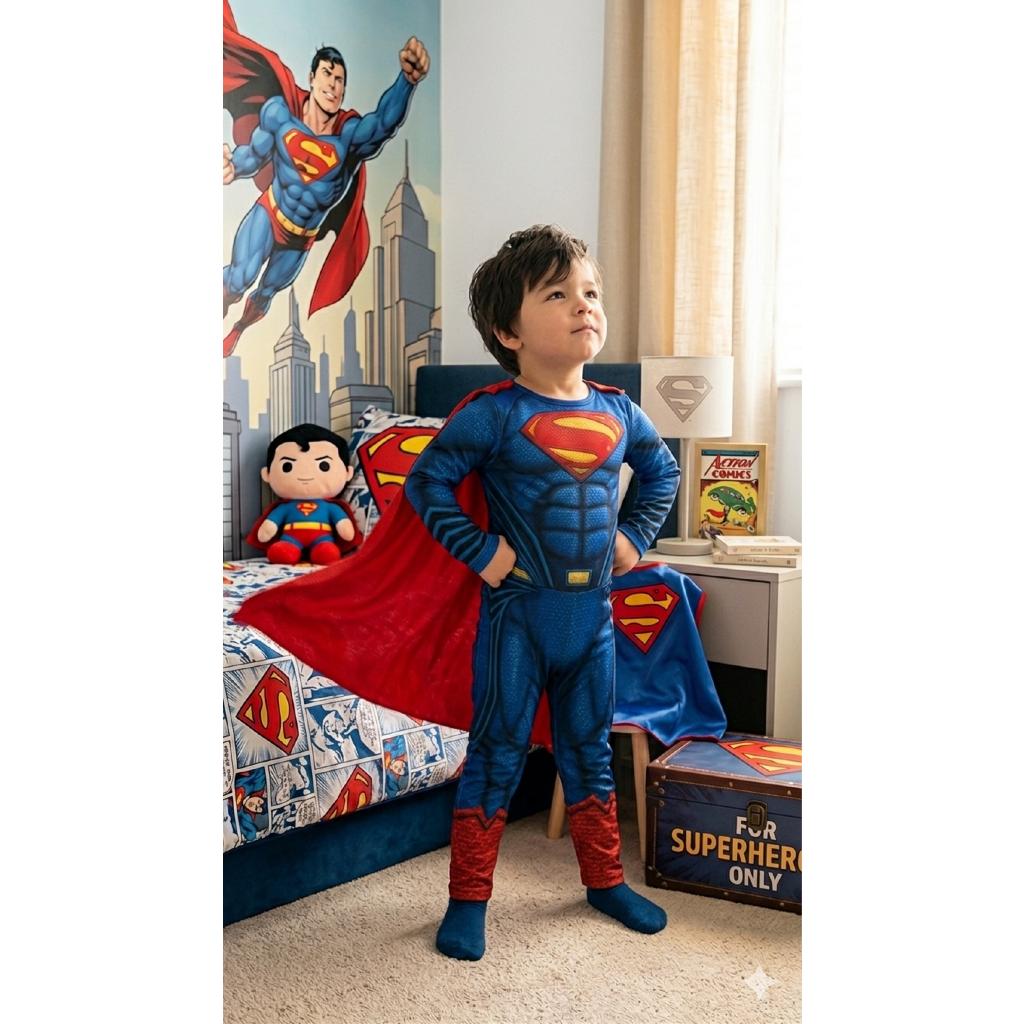 Fantasia Superman Infantil Menino Longa com Enchimento acompanha Máscara de EVA