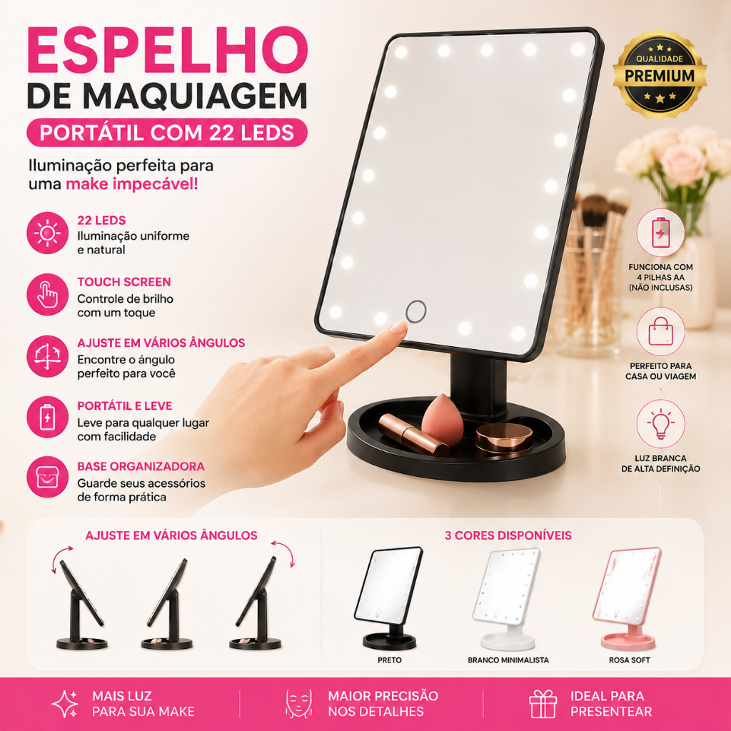 Espelho de Maquiagem Portátil com 22 LEDs Touch Screen Ajustável Mesa 3 Cores