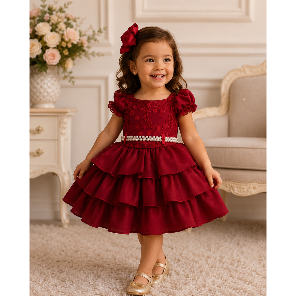 Vestido de Luxo Daminha Vermelho Com Pérolas Princesa Infantil Bebê para Festa