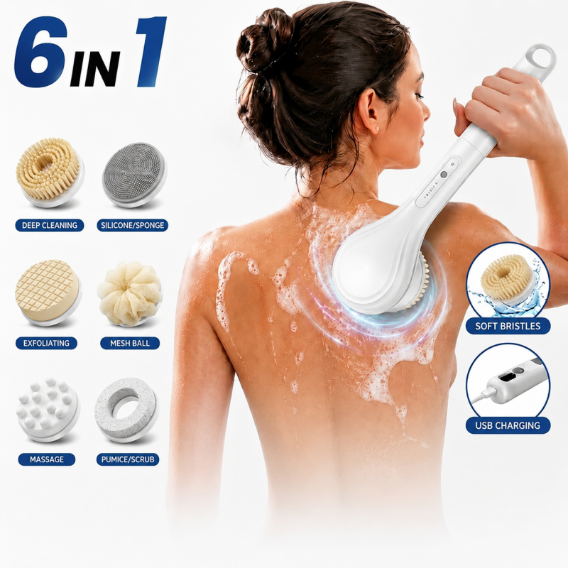 6 in 1 Electric Bath Brush for Washing Back Long Handle Soft Bristles usb -E1