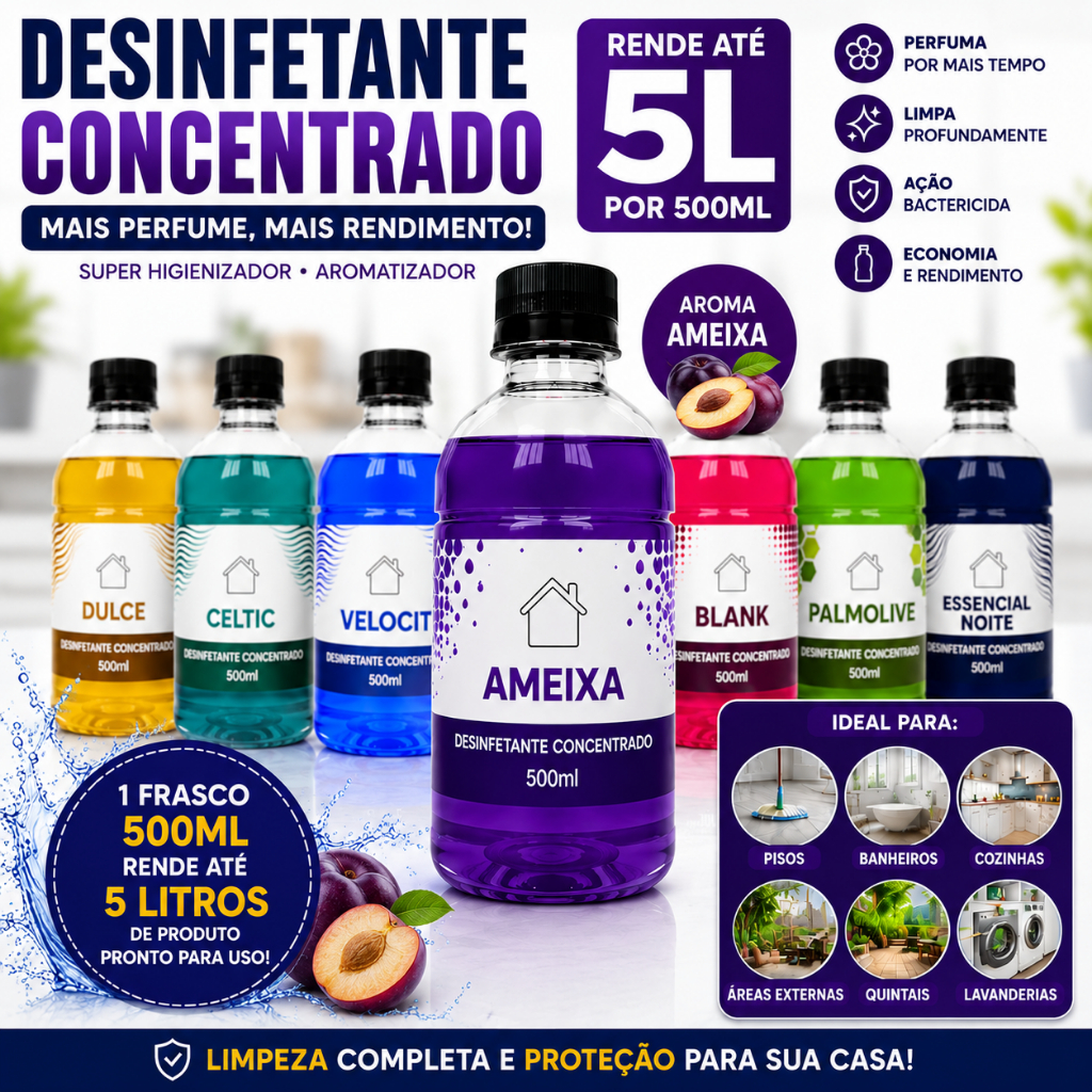 Desinfetante Concentrado 500ml faz 5 litros | Aromatizante Ideal Para Qualquer Área +10 Fragrâncias