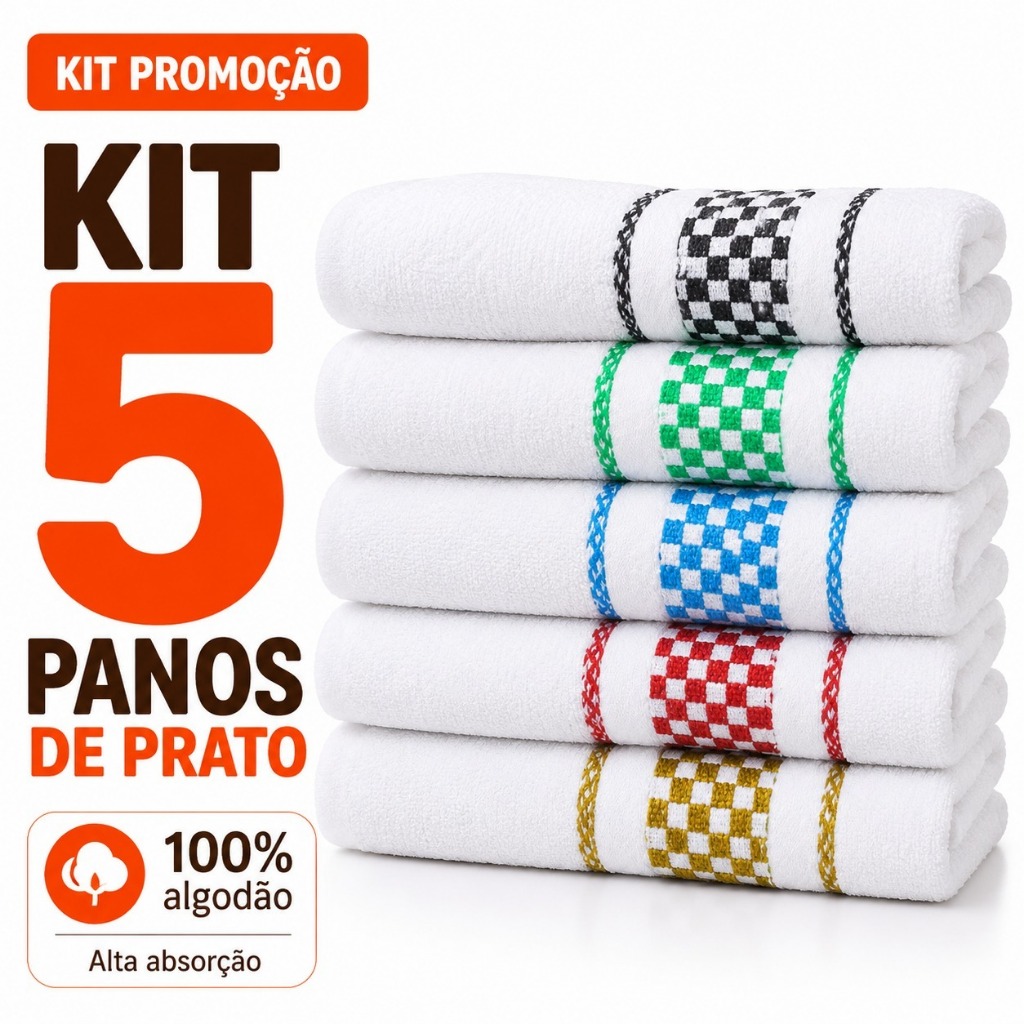 kit 5 Panos de Prato Copa Jacquard Atoalhado Toalha de Cozinha 45x70cm 100% Algodão