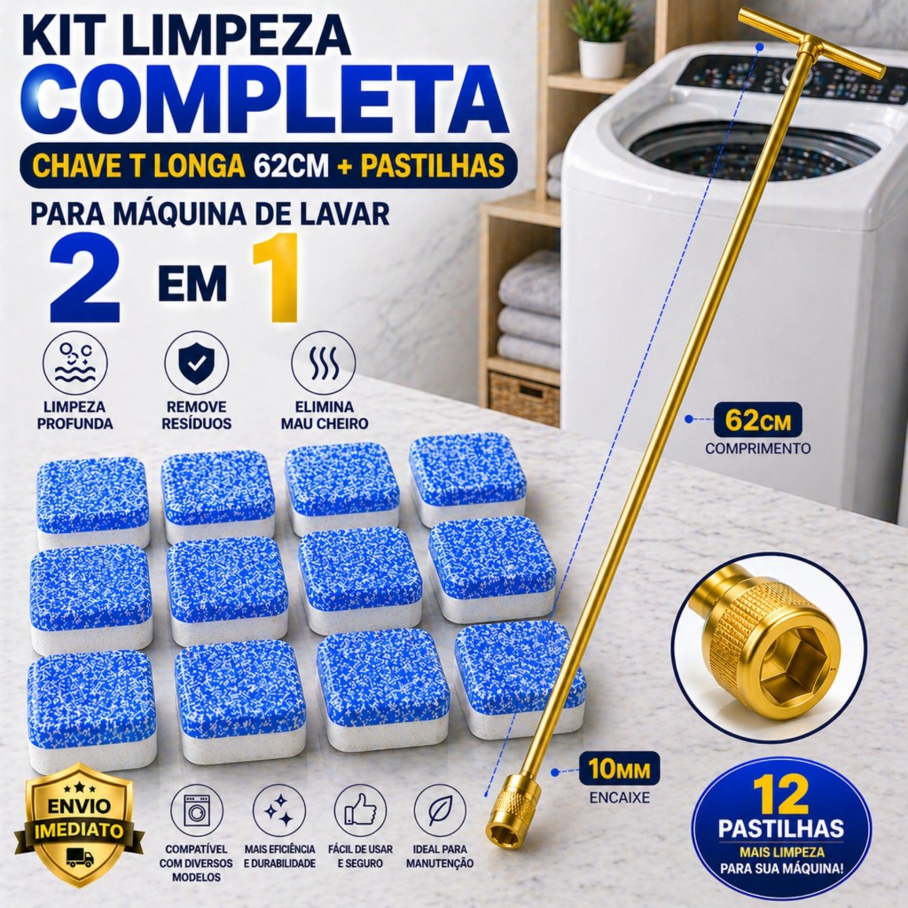 Imagem Kit Completo Limpeza Máquina de Lavar Universal – Chave T 62cm + Pastilhas Efervescentes