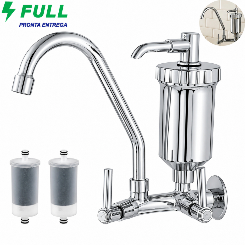 Torneira Parede Com Filtro Purificador De Agua Gourmet Pia Cozinha Flexível 360 Cromado