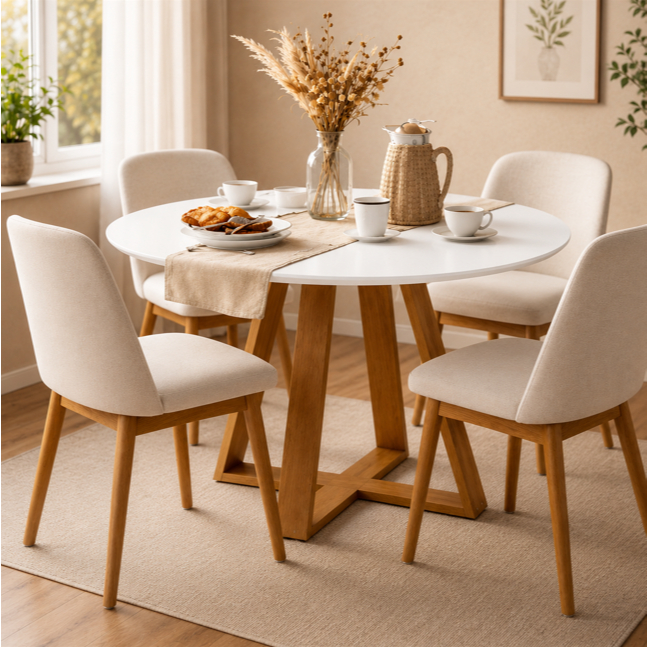 Mesa De Jantar Redonda Livia 110cm 4 Lugares Branca Base Mel Moderna