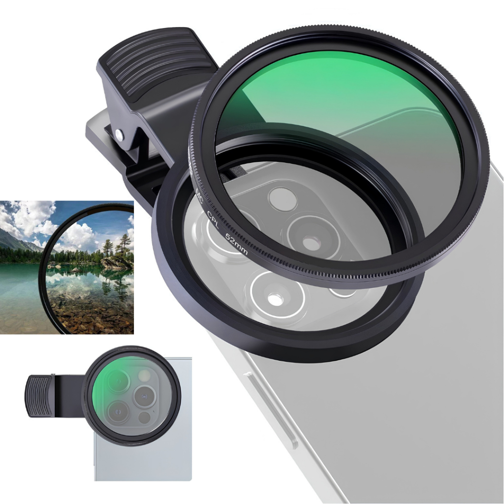Filtro CPL Polarizador 52mm para Celular com Clip e Case Elimina Reflexos Melhora Fotos de Paisagem