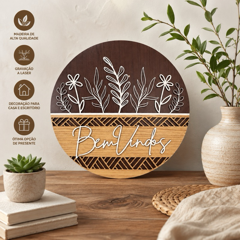 Guirlanda Placa Bem Vindos 30cm Redonda MDF – Enfeite para Porta de Entrada, Decoração Rústica Sala Hall Varanda