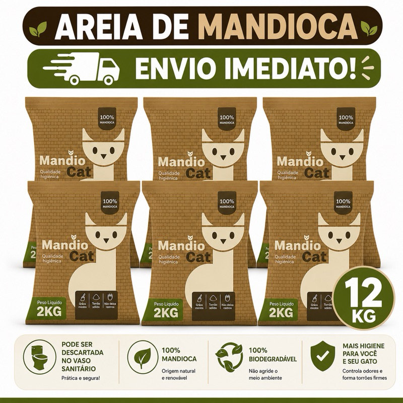 Areia De Gato MandioCat Biodegradável Grãos Finos -Areia de Mandioca Areia Higiênica 100% Natural e Biodegradavel