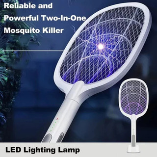 Raquete Elétrica Mata Mosquito Recarregável, Luz UV Roxa Dupla Função com Base Resistente ！