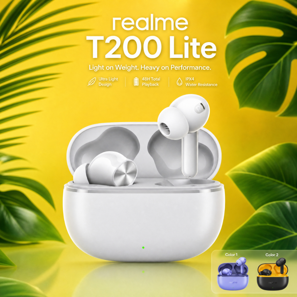 Realme T200 Lite–Fone Sem Fio Bluetooth 5.4, Fone De Ouvido, IPX4 Prova D'Água, 45h de Bateria, Com Microfone Embutido