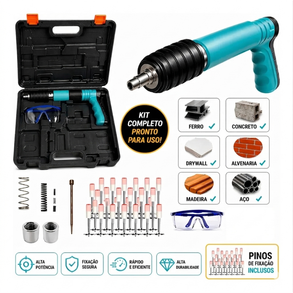 Kit Pistola Finca Pinos Manual Fixação Direta Precisa em Concreto Aço Ferro Madeira + Maleta + 30 Pinos 27mm Reforçada