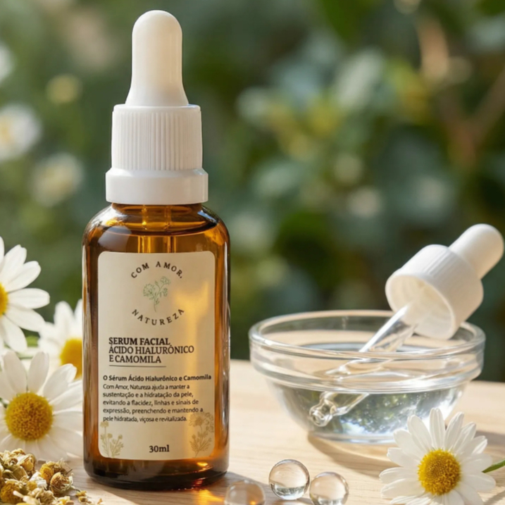 Sérum Facial com Ácido Hialurônico e Camomila – 30 ml | Calmante, Hidratante e de Rápida Absorção