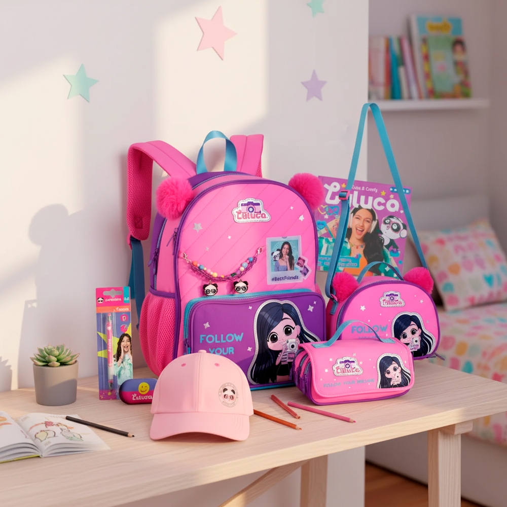 Kit Mochila Infantil Estojo Lancheira Luluca Kids Coleção 2026 Youtuber Linda It Girl Meninas Clio
