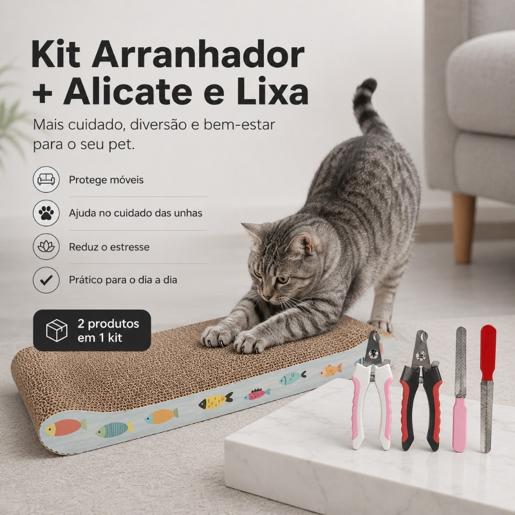 Kit Arranhador + Alicate e Lixa de Unha Pet Gato Cachorro Higiene Papelão Lixador Resistente