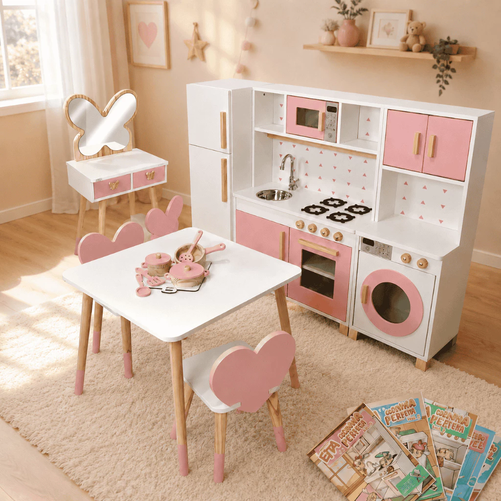 Combo Brinquedoteca Penteadeira Grande Infantil Rosa Bebê Faz de Conta Beleza Quarto Kit Livro — imagem 1