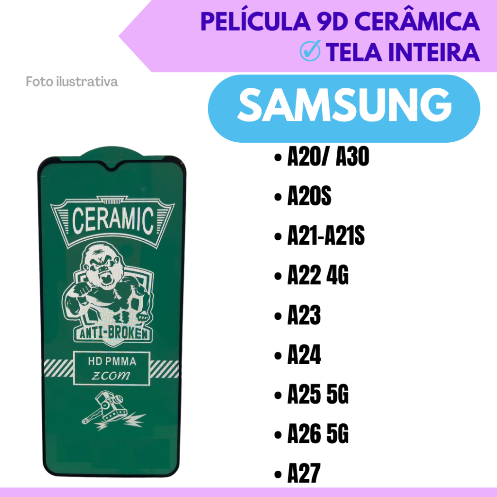 Película Cerâmica Hidrogel Flexível Para Samsung A20-A30/ A20S/ A21-A21S/ A22 4G/ A23/ A24/ A25 5G/ A26 5G/ A27.