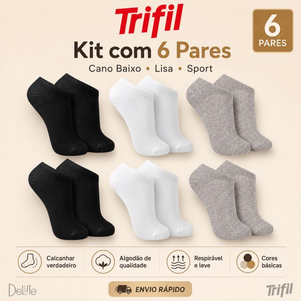 Kit 6 Pares Meia Trifil Cano Curto Esportiva Lisa Moderna Básica Algodão Calcanhar Verdadeiro