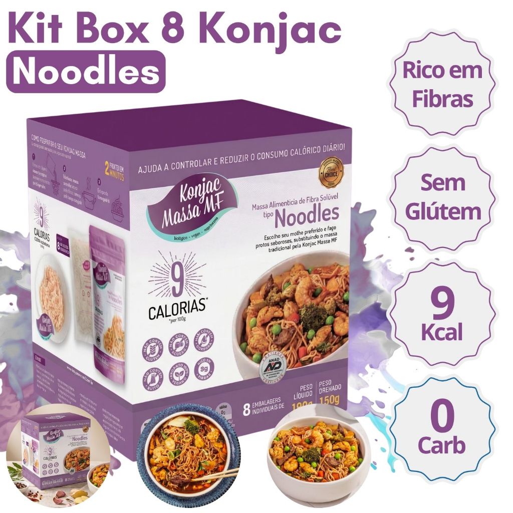 Kit Box 8 Tipo Macarrão Noodles Konjac Massa Sem Glúten Para Dietas De Emagrecimento + Saúde