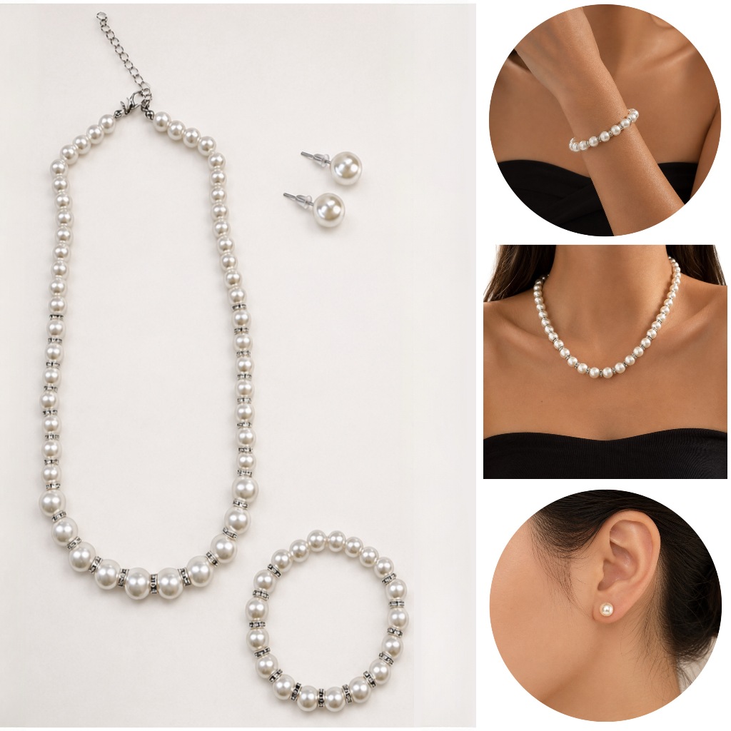 Conjunto Pérolas Colar Gargantilha Brincos e Pulseira Bijuteria Fina