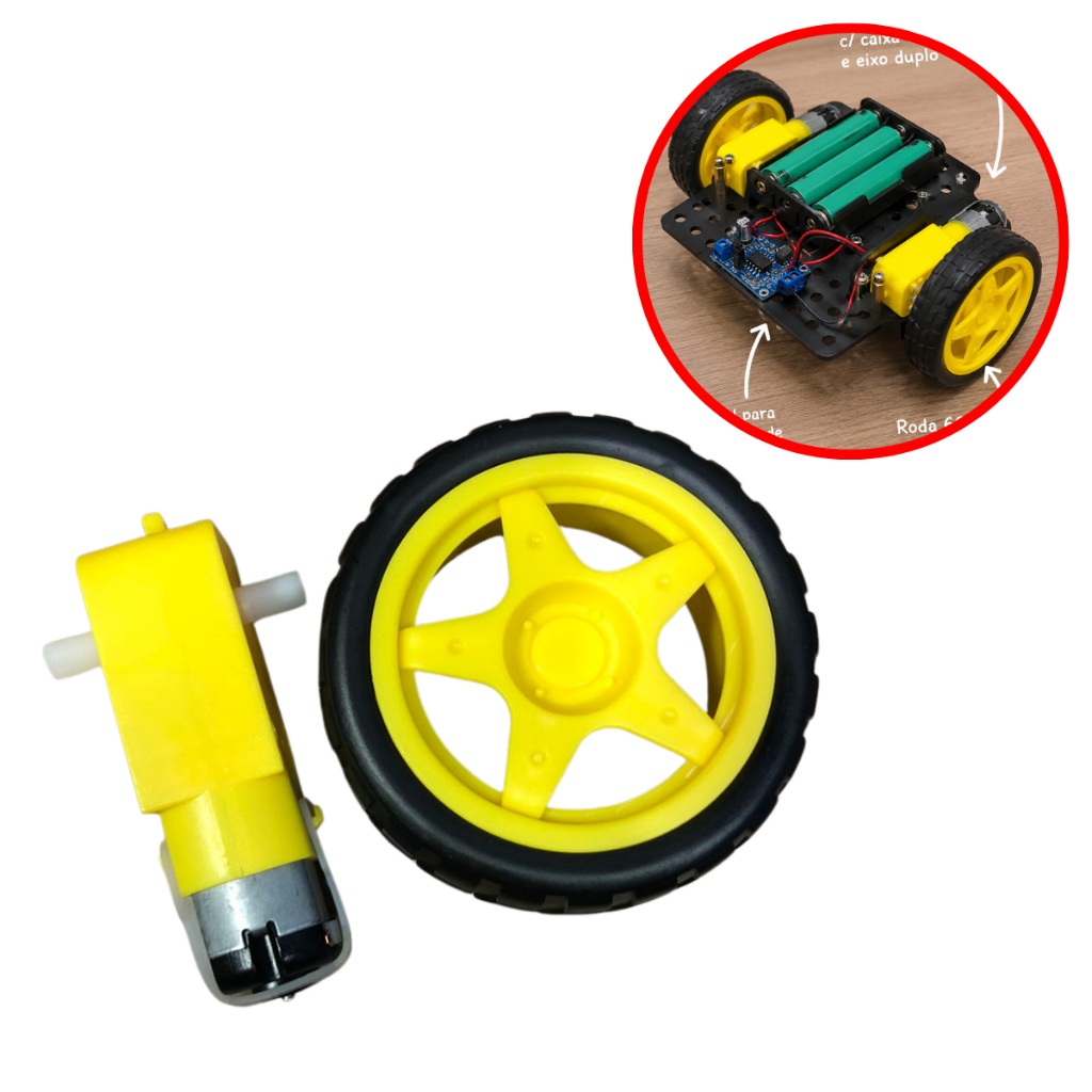 Motor Dc 3-6v Com Caixa Redutora E Roda 68mm Alta Tração