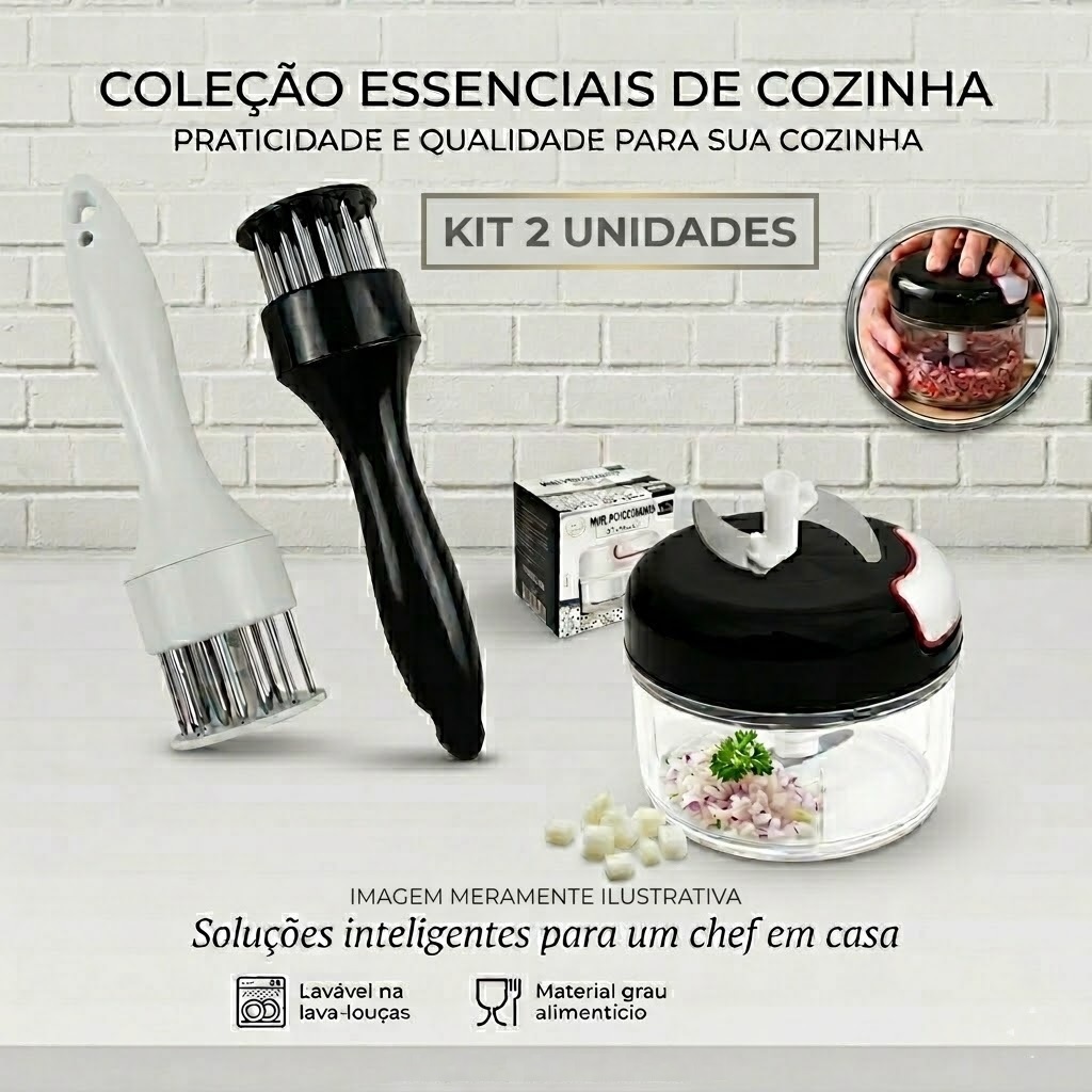 Kit Amaciador de Carne com furador manual aço inox + Mini Processador de Alimentos Manual