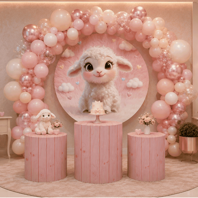 Capas Festivas Painel Redondo Ovelhinha Rosa Com Trio Cilindro Decoração Festa Infantil Bibi Painéis