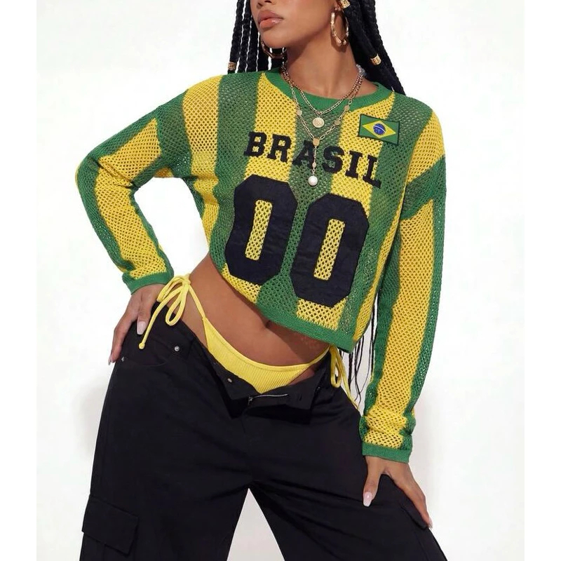 Blusa do Brasil Tricô Cropped Copa do Mundo Seleção Brasileira Bordada Verde Amarelo COP12