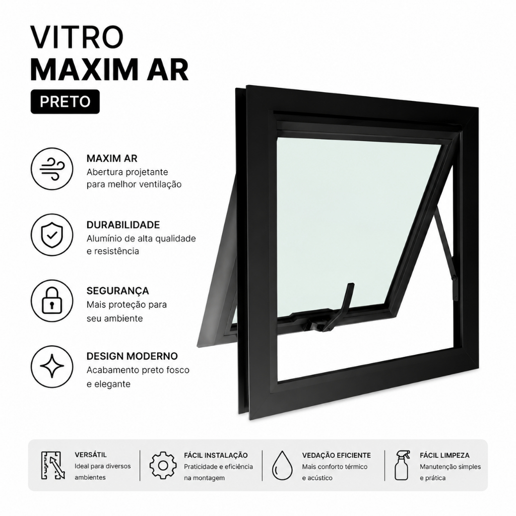 Vitro Maxim Ar 60X60 - Alumínio PRETO - Completo - Vidro Boreal - Janela Banheiro