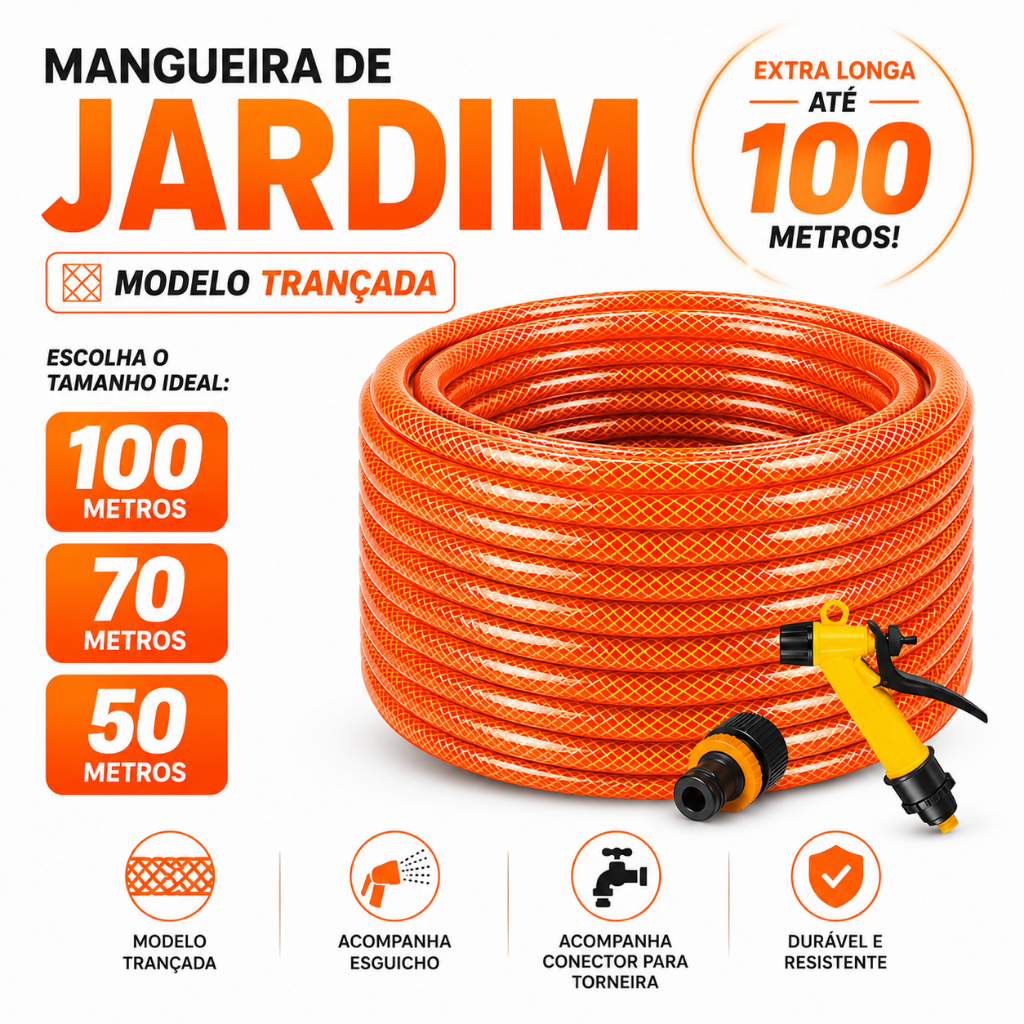 Mangueira Jardim Trançada Laranja 100, 70 e 50 Metros  Mangueira Pronta para uso.