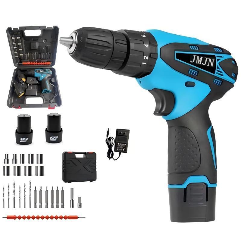 JMJN Parafusadeira Furadeira 12V Sem Fio 2 Baterias + Carregador Maleta 2 Velocidades 110V