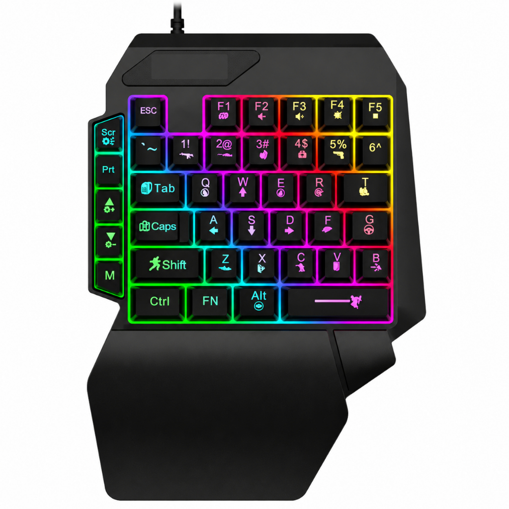 Teclado Single Hand Gamer RGB Com Apoio de Pulso Para Jogos FPS E MOBA - Plug & Play