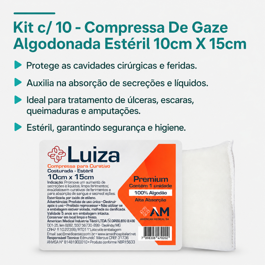 Kit com 10 - Compressa De Gaze Algodonada Estéril 10cm X 15cm - Envio Imediato — imagem 2 de 2