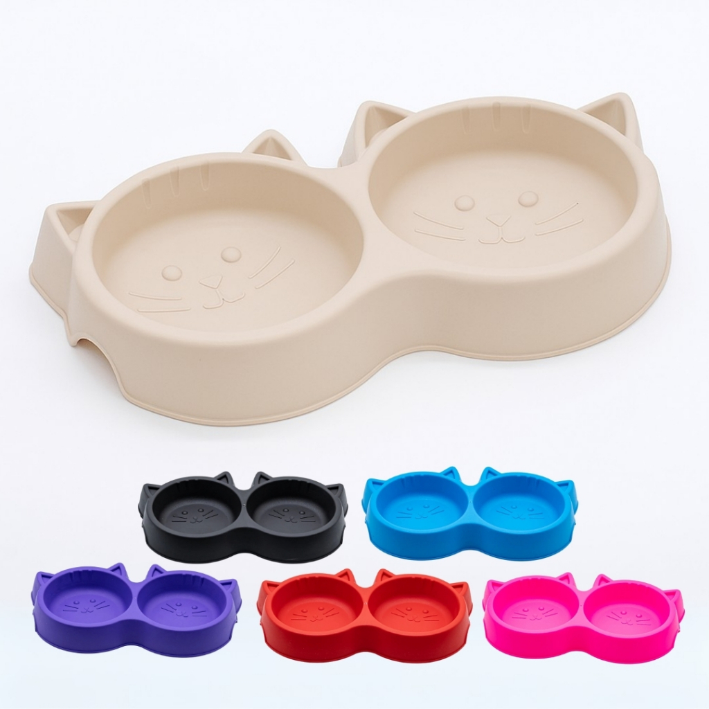 Comedouro e Bebedouro Duplo Luxo Vasilha Cara De Gato 2 Em 1 Pote de Ração e De Agua Para Gato