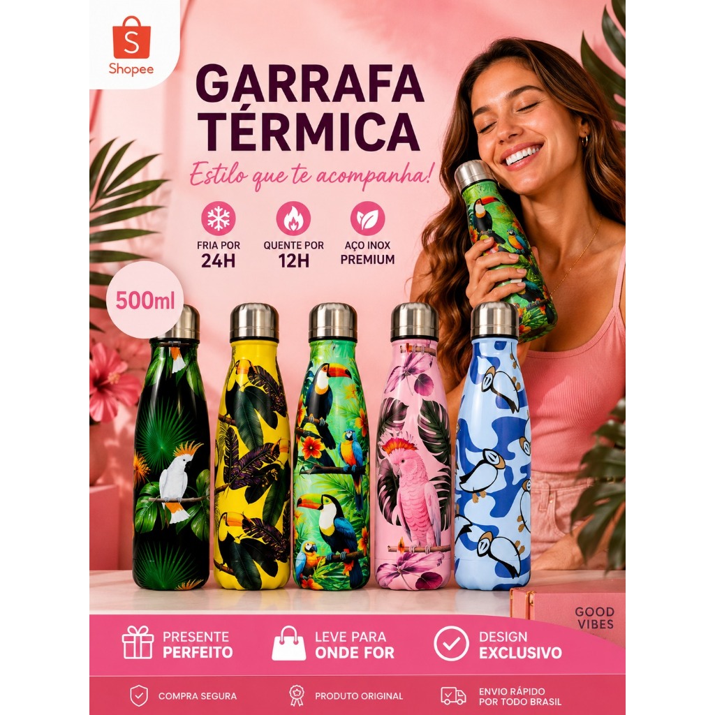 Garrafa Térmica Aço Inox Estampada floral  pássaros 500ml Academia Fitness