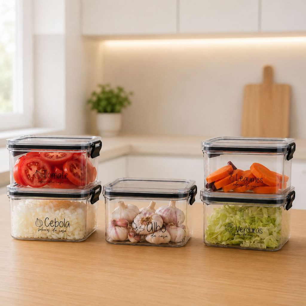 5 Potes Herméticos Geladeira | Porta-Alho, Porta-Cebola | 450ml - Porta Mantimentos