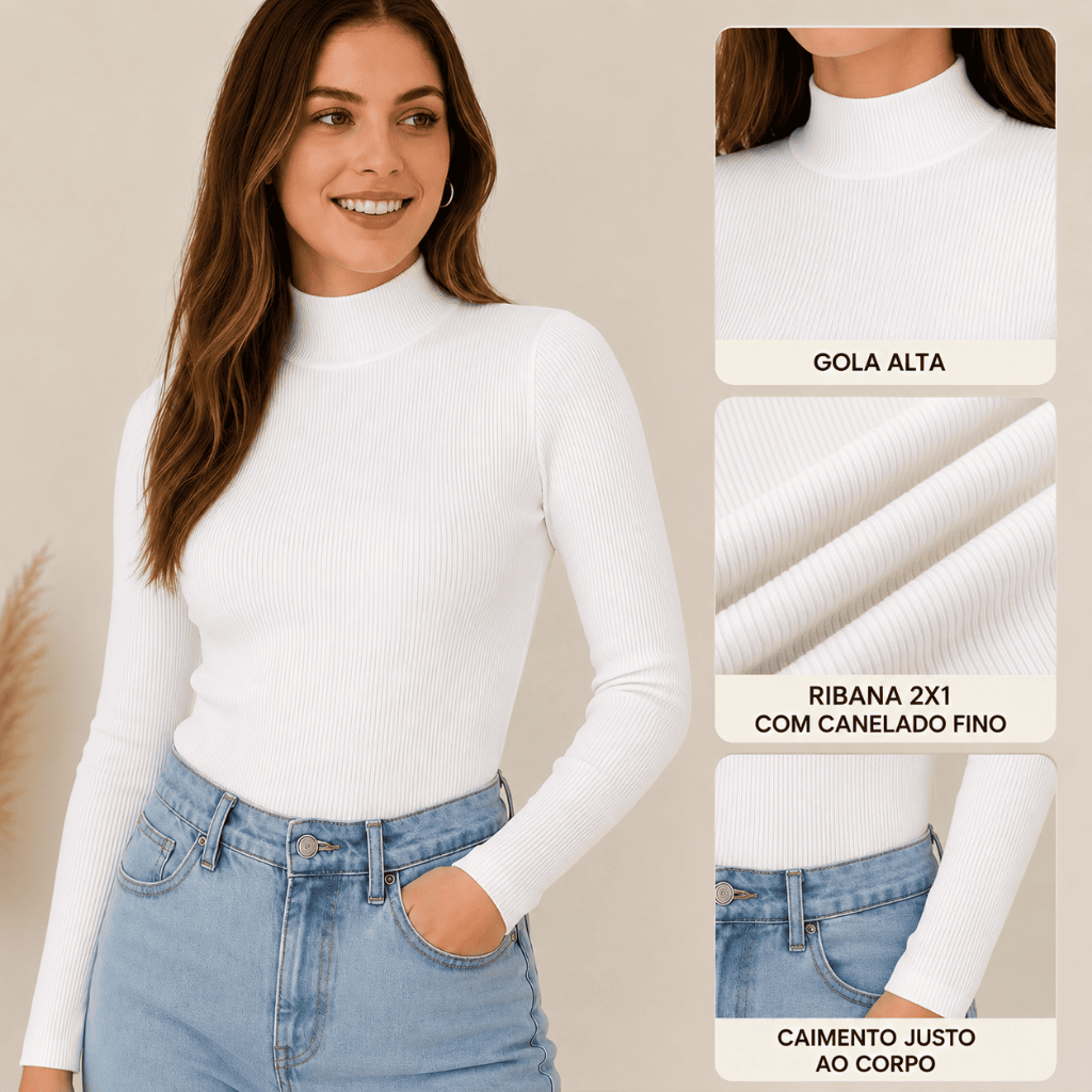 Detalhes do Kit 2 Blusa Feminina de Frio Elegante Gola Alta Canelada Moda Inverno