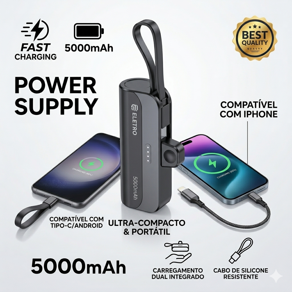 Carregador Portátil 5000mAh Mini Power Bank Compacto Com Conector Compatível Celular Android iPhone
