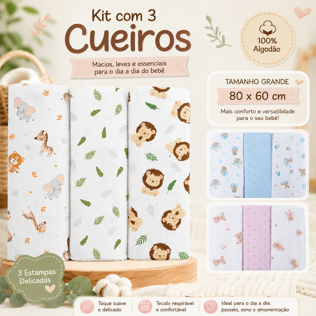 Kit Cueiro Bublim Estampado  80cmX60cm - 3 Peças