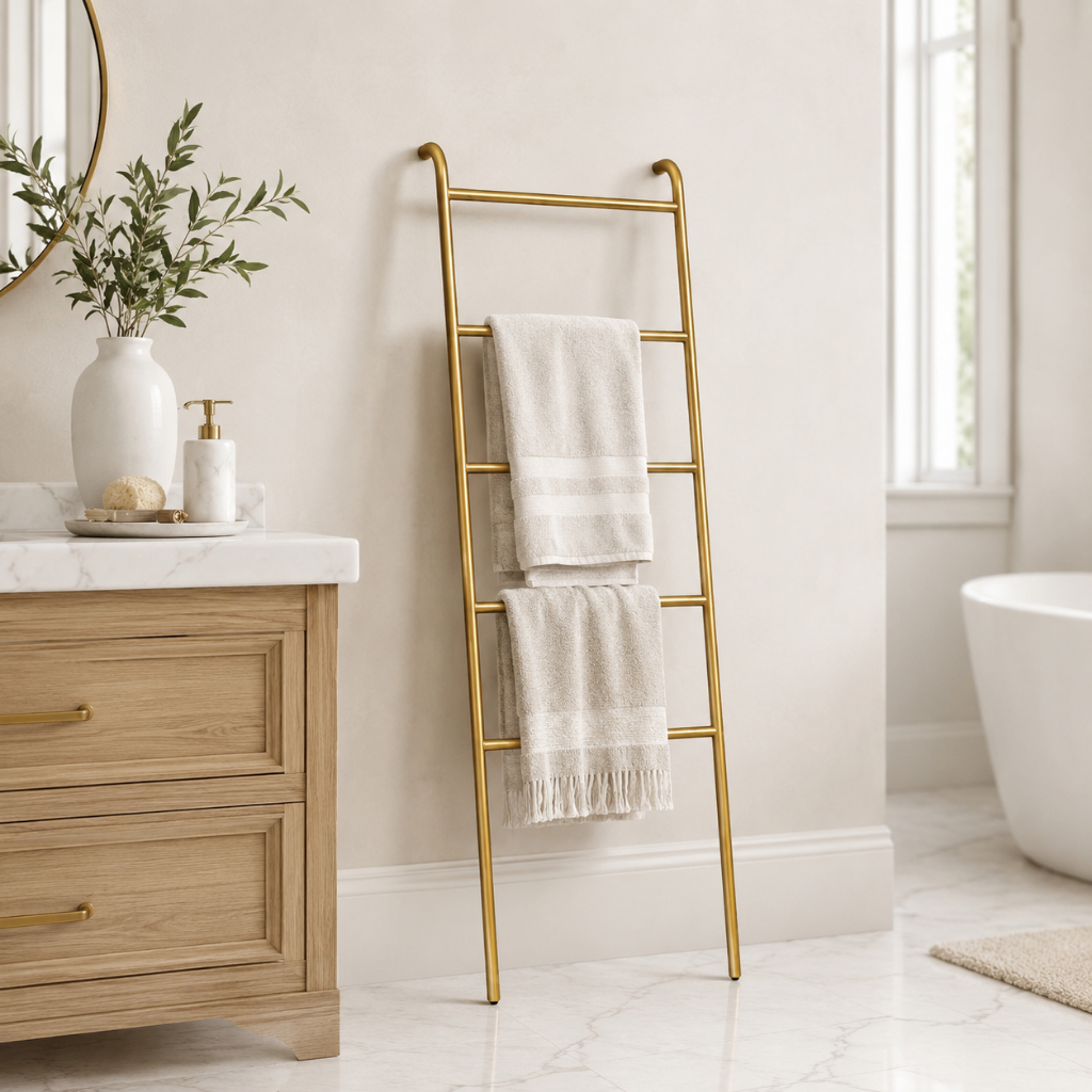 Escada Mancebo de Ferro Preta Decorativa para Quarto, Banheiro e Sala – Suporte Organizador para Toalhas e Roupas