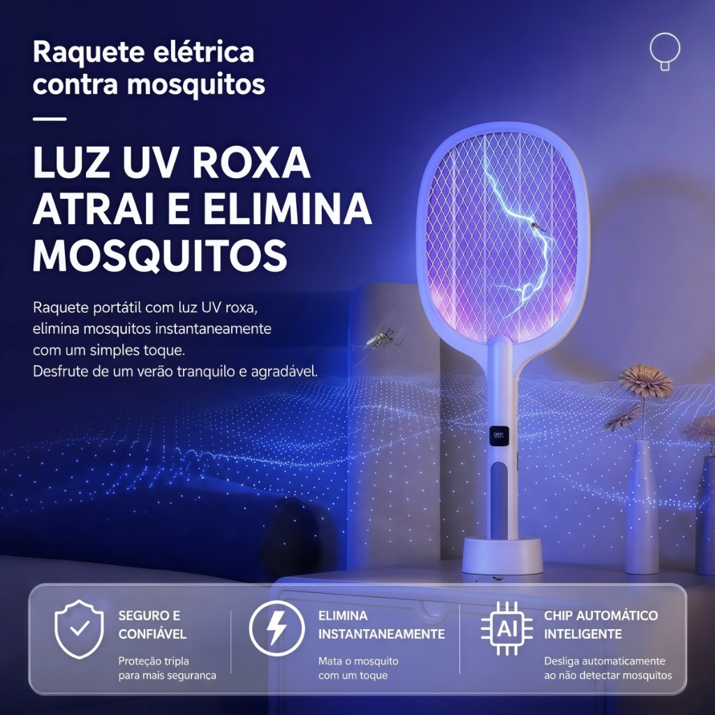 Raquete Elétrica Mata Insetos Recarregável com Luz UV Base USB 2 em 1 Alta Eficiência