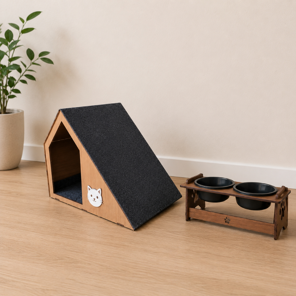 Casa Para Gato Em MDF Rampa Arranhador E Comedouro Duplo Conforto para os pet