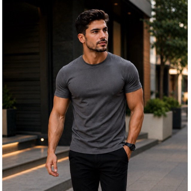 Camiseta Canelada Slim Justa ao Corpo Estilo Americano