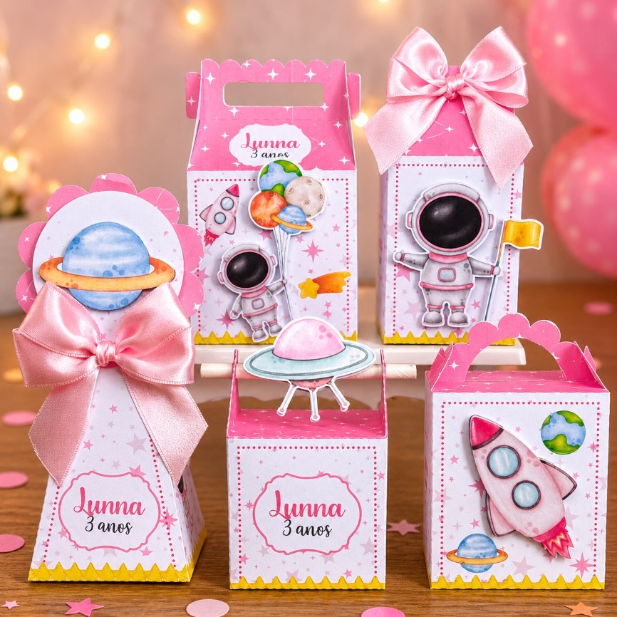 Kit Festa Caixinhas Personalizadas - Lembrancinhas (PEGUE E MONTE) Astronauta Menina