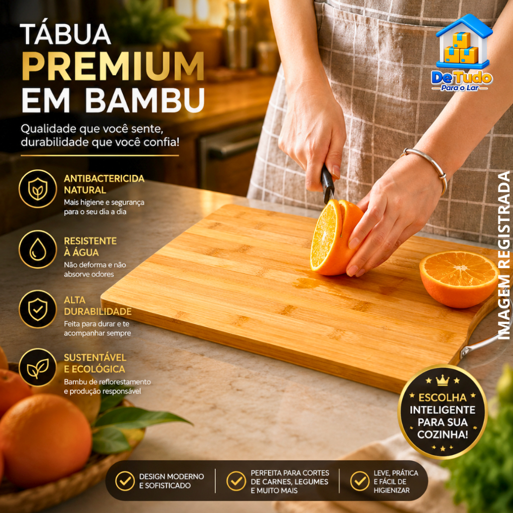 Tábua Bambu Alça Corte Cozinha Churrasco Masterchef Antibactericida Grande 34x24cm