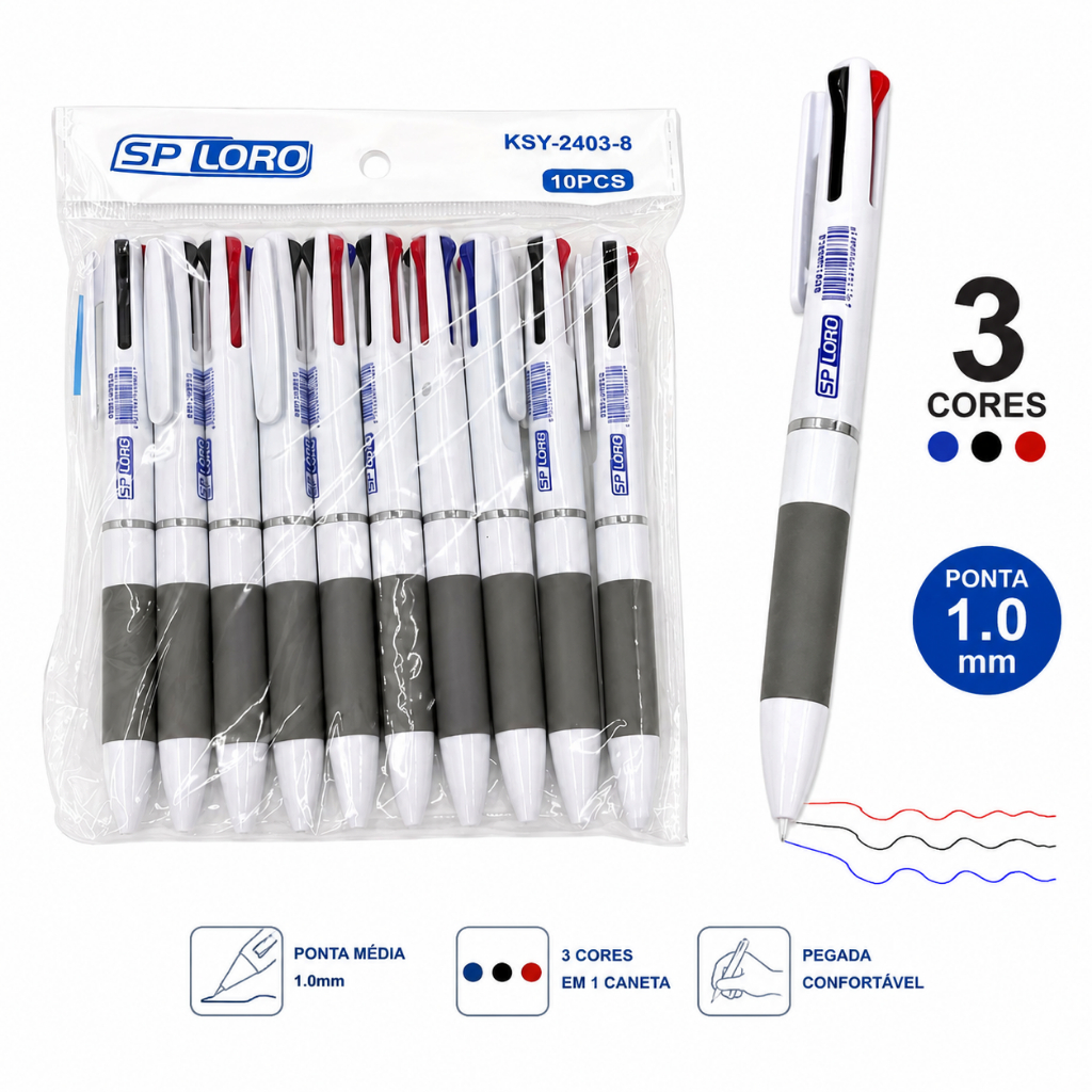 Kit 10 Unid Canetas 3 Cores 3 em 1 Ponta Fina Ergonômicas Não Tóxicas Azul Preto Vermelho Escola e Escritório XK-2403