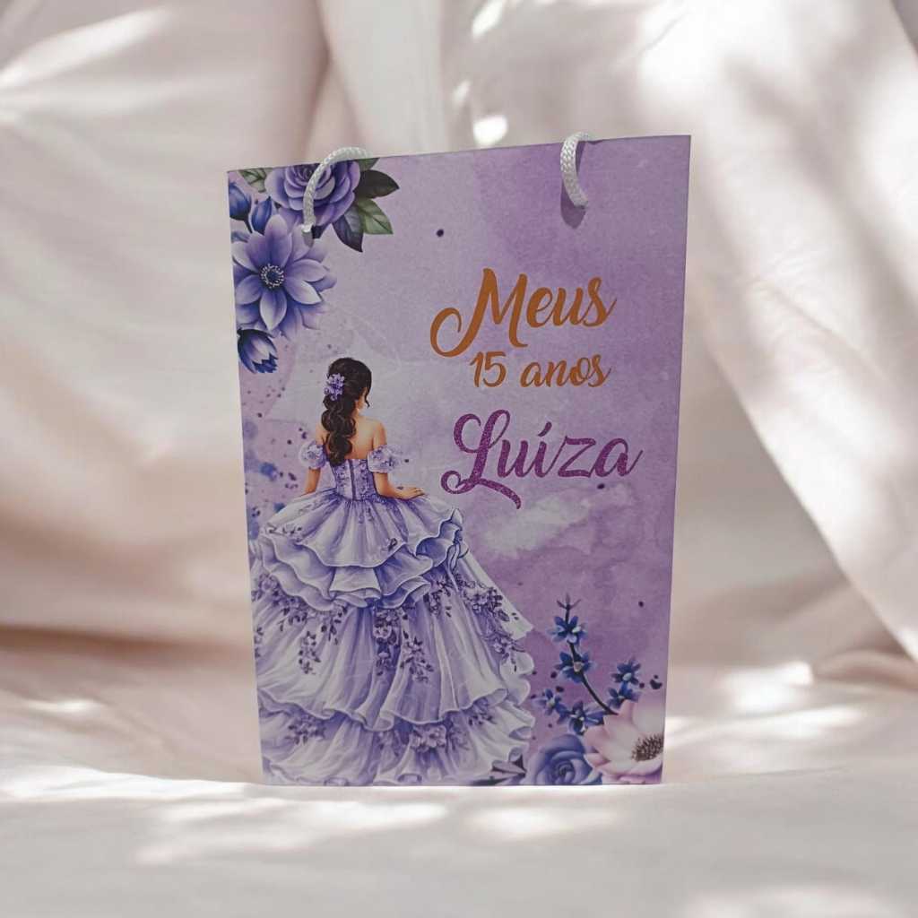 Sacolinha Personalizada com nome e idade (Tamanho M) 15 anos Lilás Debutante Festa Aniversário Lembrancinhas