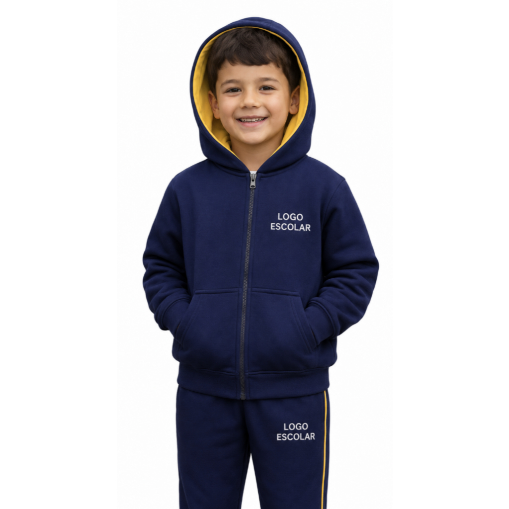 Conjunto Blusa Moletom Casaco e calça Helanca Uniforme Escolar Infantil Azul Marinho Sua Arte Logo Tamanho do 02 ao 10