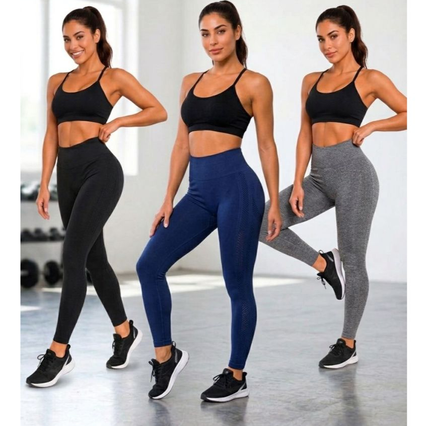 Kit 3 Calças Legging Feminina Academia Fitness Cintura Alta Levanta Bumbum Zero Transparência