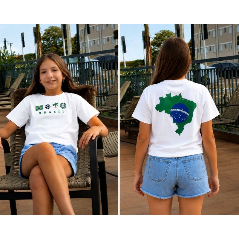 CAMISETA DO BRASIL MENINA FEMININA ESTILO BLOGUEIRINHA TROPICAL COPA 2026