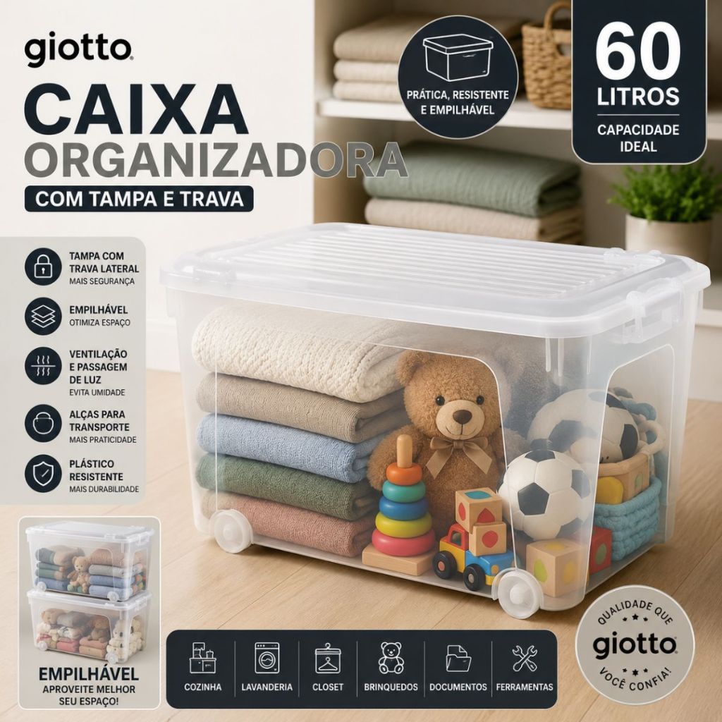 Caixa Organizadora com Tampa Giotto 60 litros Transparente Armazenamento Caixas Organizadores Giotto